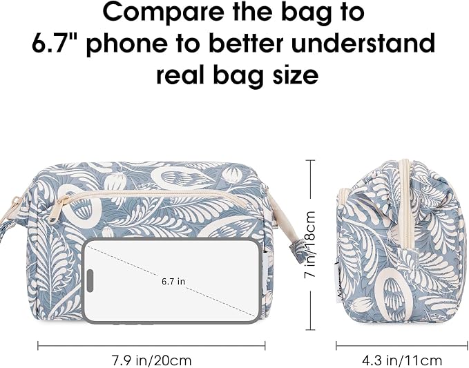 Narwey Women Makeup Bag Wide-open Make up Bag Travel Cosmetic Organizer Toiletry Bag for Cosmetics Toiletries Accessories (Blue Leaf) - Image 4