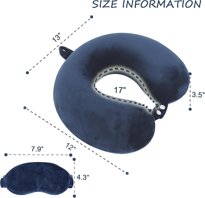 Pure Memory Foam Travel Pillow Set for Adults - Comfortable & Removable Machine Washable Cover, Neck Support Pillow Airplane Travel Kit with Eye Mask for Portable Plane Accessories -Dark Blue - Image 2