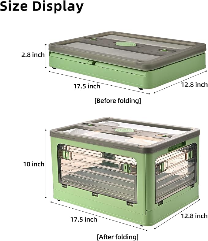 32Qt Plastic Storage Bins with Lid, Collapsible Storage Bins with Wheels, Storage Boxes with 4 Doors, Stackable Storage Bins for Organizing Clothes, Snacks and Camping, 2-Pack (Green) - Image 2