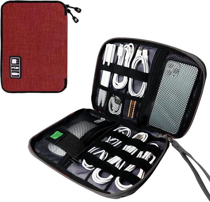 Lcsmaokin Electronics Travel Organizer,Portable Waterproof Electronic Travel Storage Bag for Small Charging Cord Storage,Charger,SD Card etc,for Travel,Business-Wine Red Black by Lcsmaokin