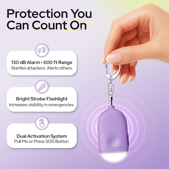 Weten Rechargeable Personal Alarm Keychain - 130dB Siren & LED Light - Stylish Personal Safety Alert for Women to Carry - Panic Button Alarm for Security - Rape Whistle for Self Defense (Purple) | LED Light, Stylish Safety Alert for Women to Carry, Pan... - Image 2