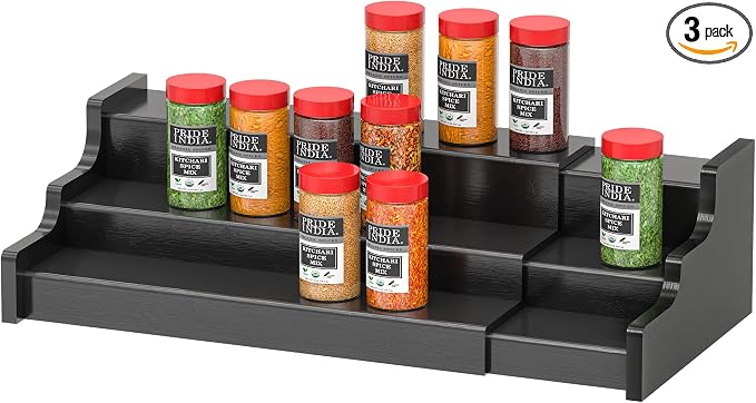 Spice Rack Organizer For Cabinet - 3 Tier Black Bamboo Wooden Expandable Display Shelf from 12.70 to 22.20 inch by ZriBamboo