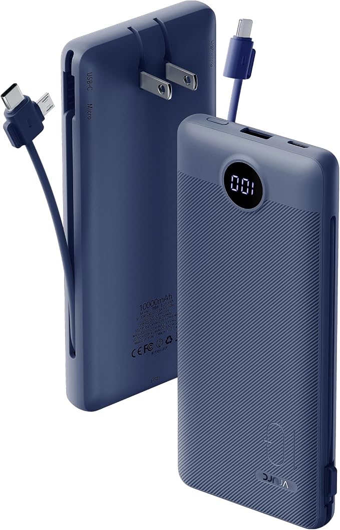 VRURC Portable Charger Built-in Cables and AC Wall Plug, USB C Power Bank 10000mAh, Travel Battery Portable Phone Charger Compact Lightweight External Battery Pack for Smart Phones, Tablets etc-Navy by Home