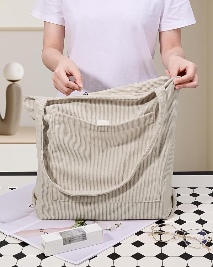 Iioscre Corduroy Tote Bag for Women,Hobo HandBags with Zipper | Large Capacity Casual Shoulder Bag with Inner Pockets for Shopping Work Daily Travel. - Image 3