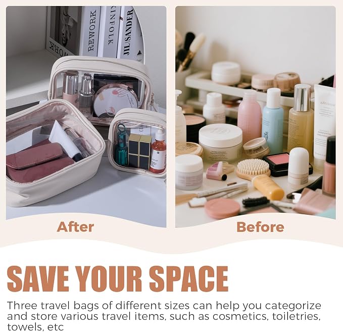 BS-MALL Toiletry Bag Waterproof Makeup Organizer Travel Size Clear - Makeup Cosmetic Organizer Water-resistant Portable Pouch PU Leather Washable Travel Essentials Makeup Bag 3 Pack - Image 3