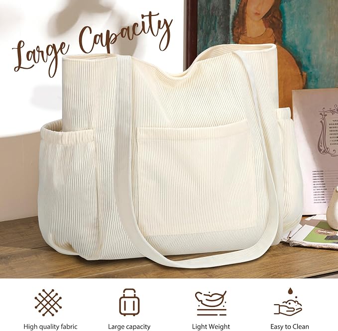 Corduroy Tote Bag for Women,Large Capacity Cute Tote Bags With 6 Pockets,Crossbody Shoulder Handbag for Work Travel Gym - Image 4