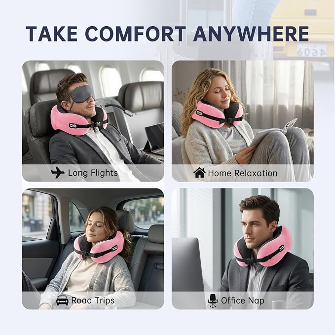 Neck Pillow Travel Pillow - 100% Pure Memory Foam Airplane Pillow with Adjustable Clasp & Removable Cover, Portable Travel Essentials for Long Flights, Car & Office (Pink) - Image 4