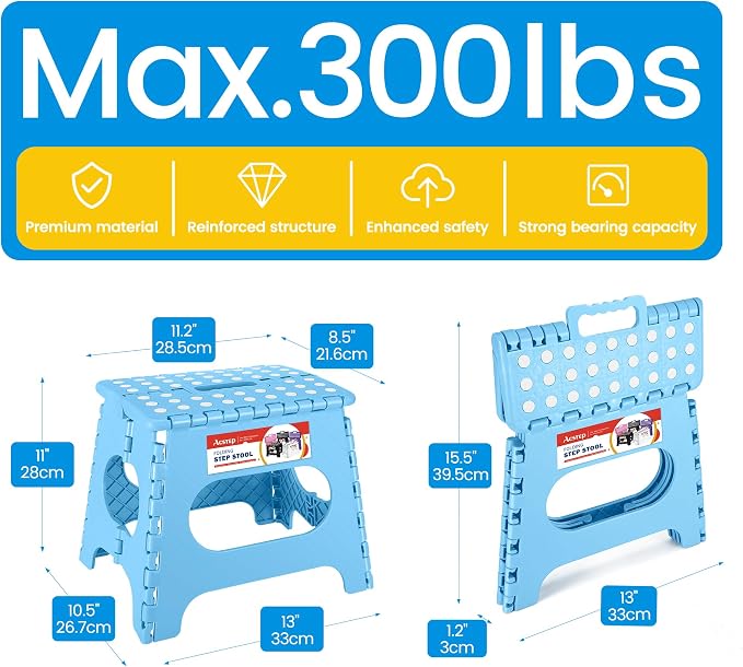 11 Inch Folding Step Stool for Kids, Non-Slip Foldable Stools, Blue | Heavy Duty Collapsible Foot Stool, Lightweight with Built-in Handle, Holds 300 lb for Adults Kitchen Bathroom Bedroom Outdoor - Image 4