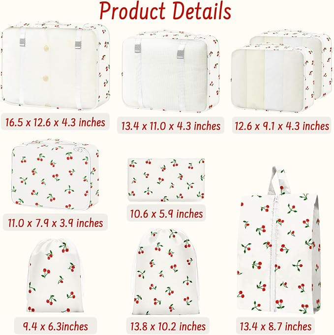 9 Set Packing Cubes for Travel Essentials - Lightweight Carry-On Luggage Organizer Bags with Shoe, Clothes & Laundry Bags for Airplane, Family & Business Travel, White Cherry - Image 2