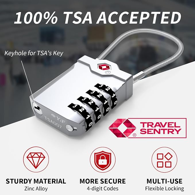 TSA Approved Locks for Luggage, 2 Pack Combination Travel Steel Cable Lock, Re-settable 4 Digit Padlocks with Inspection Indicator, Alloy Body Keyless Padlock for Lockers, Backpacks, Bags - Silver - Image 2