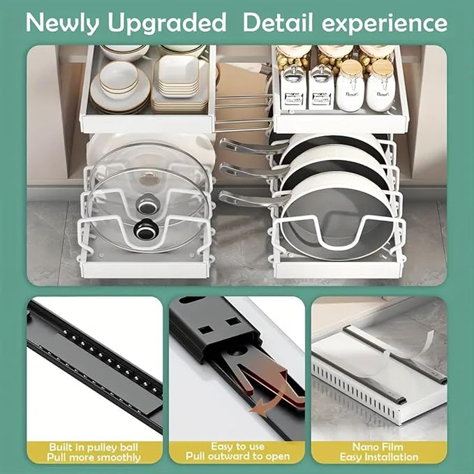 AmoiChic 2 Pack Pull Out Cabinet Organizer for Pots and Pans, Black Storage Rack with 8 Adjustable Dividers, Kitchen Cabinet Organizer for Pot Lids, Bakeware, Dishes Storage - Image 6