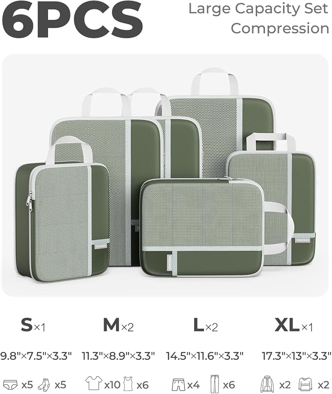 Percover Compression Packing Cubes for Travel, 6-Piece Structured Compression Organizer Set for Organized Packing & Carry-On Luggage, Green - Image 2
