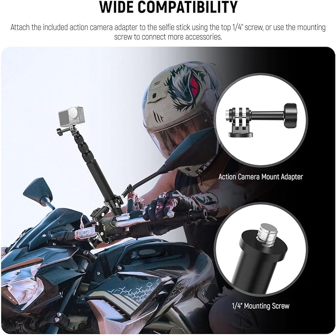 NEEWER Motorcycle Camera Mount Kit, Bicycle Handlebar Invisible Selfie Stick, 360° Ball Heads, Super Clamps & Cleaning Cloth, Compatible with GoPro Insta360 DJI AKASO Action Cam Video Recording, GP-30 - Image 3