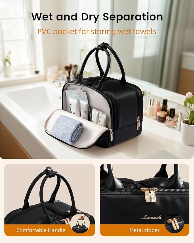 LOVEVOOK Travel Toiletry Bag for women, Leather Large Wide-open Makeup Bag, Waterproof Cosmetic Bag Organizer for Shower, Traveling, Toiletries, Bathroom - Image 6