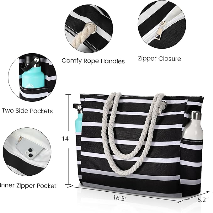 Clothirily Beach Bag for Women, Large Beach Tote Bag Waterproof with Zipper | Large Capacity Swim Pool Bag, Inner Pockets, Sandproof Foldable Beach Tote for Travel Essentials - Image 4