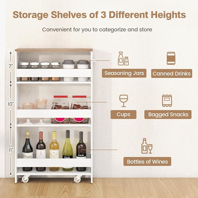 5”W Wooden Slim Rolling Storage Cart, 4 Tier Rolling Spice Rack with Handle, Cabinet Between Washer & Dryer, Slide Out Narrow Kitchen Cart for Kitchen Laundry Narrow Places - Image 5
