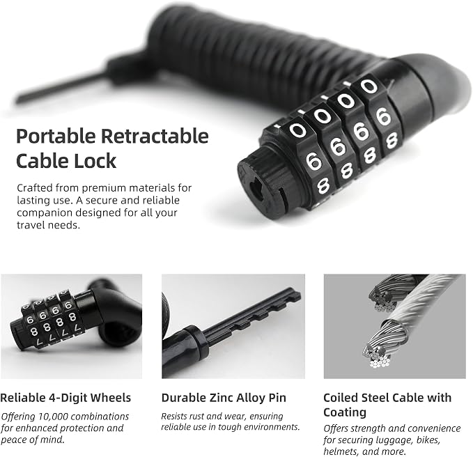 Small Retractable Cable Lock with Code, 4 Digit Combination Lock Outdoor Travel Essentials for Ski Snowboard, Luggage, Suitcase, Motorcycle Helmet, Kids Bike, Stroller Anti Theft, 2-Pack - Image 2