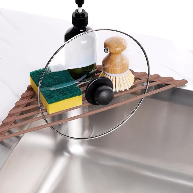 Tomorotec Triangle Roll Up Dish Drying Rack with Silicone Coating, Brown | 304 Stainless Steel with BPA-Free Silicone, Triangle Design Maximizes Sink Corner Space, Fits Compact Kitchens And RVs - Image 4