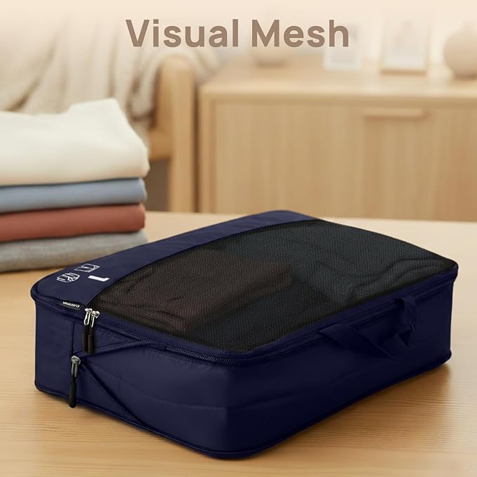 7 Set Compression Packing Cubes for Travel, Luggage Organizer Bags for Suitcases with Mesh Panels, Shoe Bag & Toiletry Bag for Carry On, Vacation & Cruise Essentials (Navy Blue) - Image 7