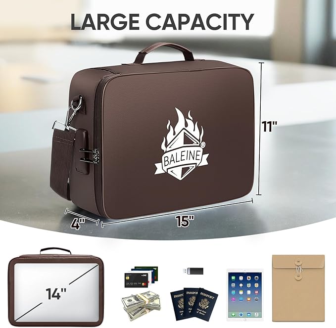 BALEINE Fireproof Document Box with Lock, Portable Fireproof Document Bag Waterproof Fire Proof File Boxes for Documents, File Organizer Box for Important Paperwork (Brown, 15''x11''x4'') - Image 3
