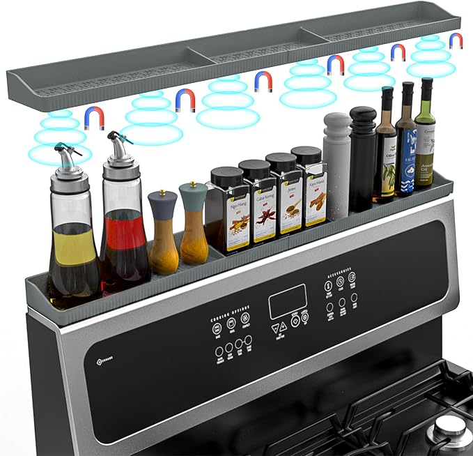 Magnetic Stove Shelf for Back of Stove, 30 Inch Silicone Stove Top Spice Rack for Kitchen Organization, Heat Resistant Over the Stove Shelf with 6 Powerful Magnets, Fits Flat & Curved Stoves- Grey by Foeacry