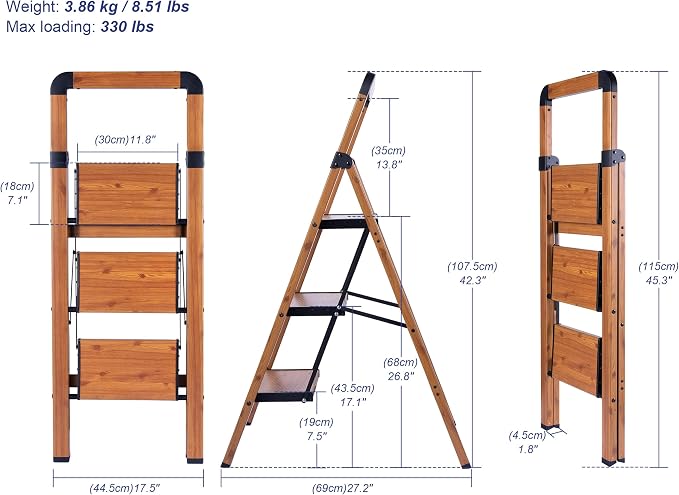 Step Ladder 3-Step Woodgrain Finish Aluminum Folding Ladders | Anti-slip Sturdy Foldable Ladder Step Stool for Kitchen Home Office Libaray - Image 2