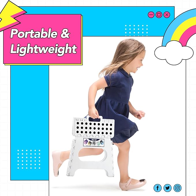 Delxo Folding Step Stool,11 Inch Non-Slip Foldable Step Stools for Kids and Adults,Portable Foldable Step Stool Lightweight Small Folding Stool with Handle for Kitchen Bathroom in White,1 Pack | Foldable Step Stool 11",Non-Slip Foot Stools with Handle,... - Image 2