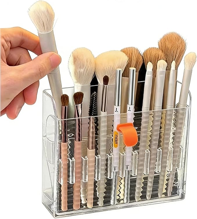 Foldable Adhesive Makeup Brush Holder, 16-Slot Clear Acrylic Organizer with Dual-Row Snap Buckle, Slim No-Drill Design for Medicine Cabinet & Vanity by DYMSUP