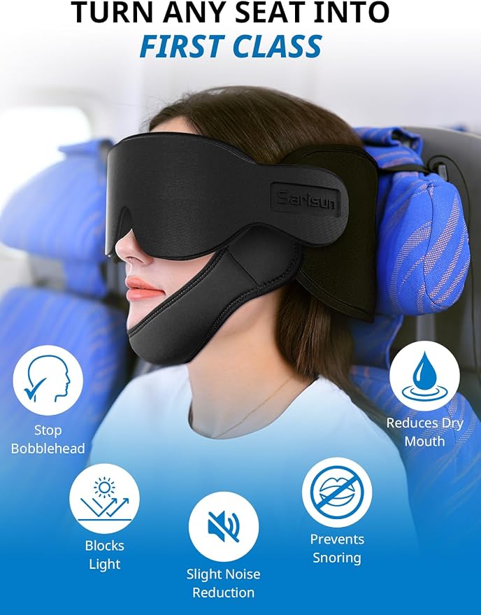 SARISUN Airplane Travel Pillow with Chin Strap, Stable Head Support, Black | Extra Chin Support, Secures to Seat Headrest, Airplane Sleep Without Head Bobbing, 360° Support Plane Pillow for Long Flight - Image 3