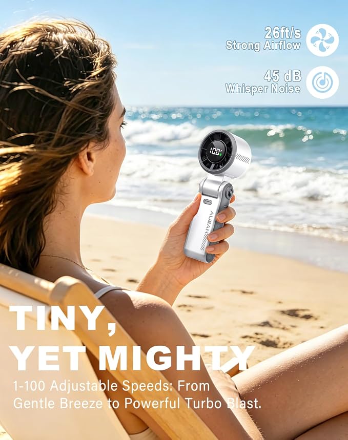 Portable Handheld Turbo Fan - 5 Speed Mini Personal Fan with Strong Airflow, Foldable 3 in 1 Rechargeable Battery Operated Trave Essentials Hand Fans for Indoor/Outdoor Use, White - Image 2