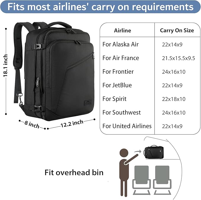 MATEIN Black Mens Travel Backpack, Expandable Carry on Backpack for Women | Expandable Business Backpack, 27L, Lightweight, Waterproof Hiking Daypack for Outedoor Sports Rucksack Daypack, Anti Theft - Image 3