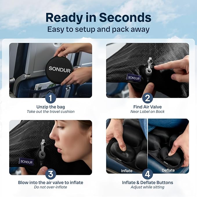 Sondur™ Travel Cushion for Long Flights – Inflatable Airplane Seat Cushion | TSA Approved Sit Pad for Plane Rides · Butt Pillow for Airline Seats · Stadium & Office Seat Cushions · Portable Support - Image 3