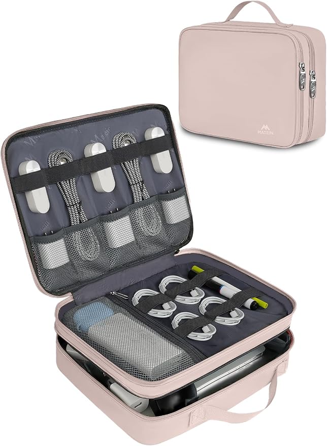 MATEIN Charger Organizer Travel Case for Women, Cord Organizer Travel | Double Layers, Portable Electronic Accessories Case with Handle, for Charger, Phone, Earphone, Tablet, Pink Gift by MATEIN