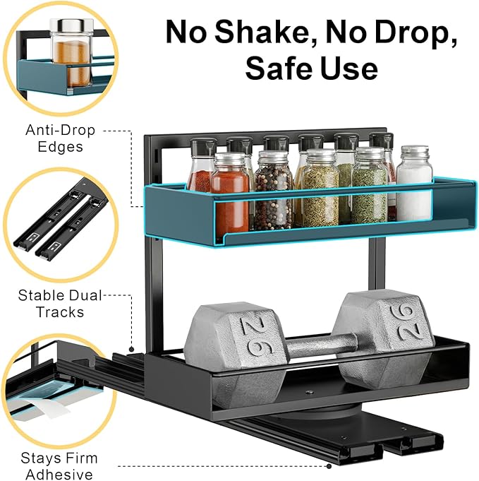 Vertical Spice Rack Pull Out - 1 Pack Rotate No-Drill Slide Out Spice Rack for Cabinet Swivel Easy Access Spices, Adjust Height for 4oz to 8oz Spice Jars Inside Kitchen Pantry Cabinet, Black - Image 6