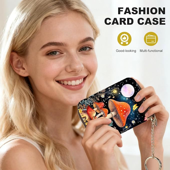 Credit Card Holder for Women,Small Rfid Wallet with Keychain Zipper,Cute PU Leather Card Case Wallet，Accordion Credit Card Wallets Gift,Moon Mushroom - Image 6