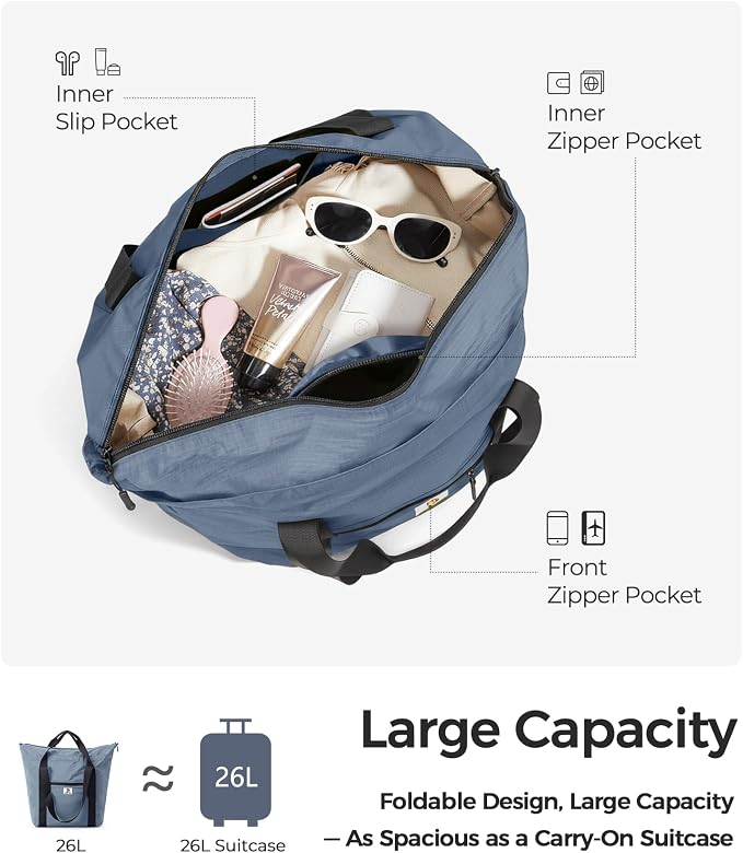 Foldable Travel Bag, 26L Lightweight Weekender Duffel, Expandable Second Carry-On Bag for Travel & Shopping, Water-Resistant Personal Item Bag, Mist Blue - Image 4