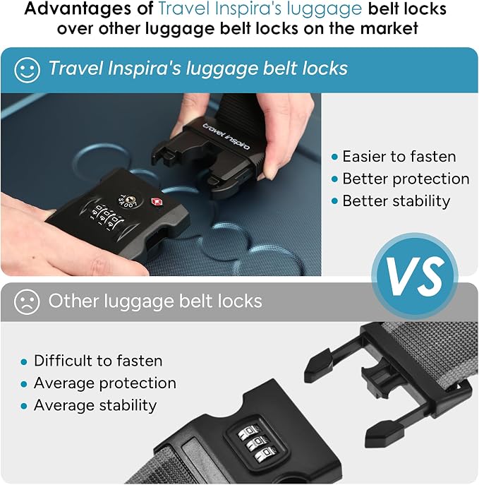 Travel Inspira 2 Pack Luggage Straps for Suitcases with TSA Lock | 2-Pack Set; TSA-Approved Lock with Tag; Secure Black Strap; Adjustable 103-200cm; Heavy-Duty Nylon; 20-28 Inch Suitcases - Image 5