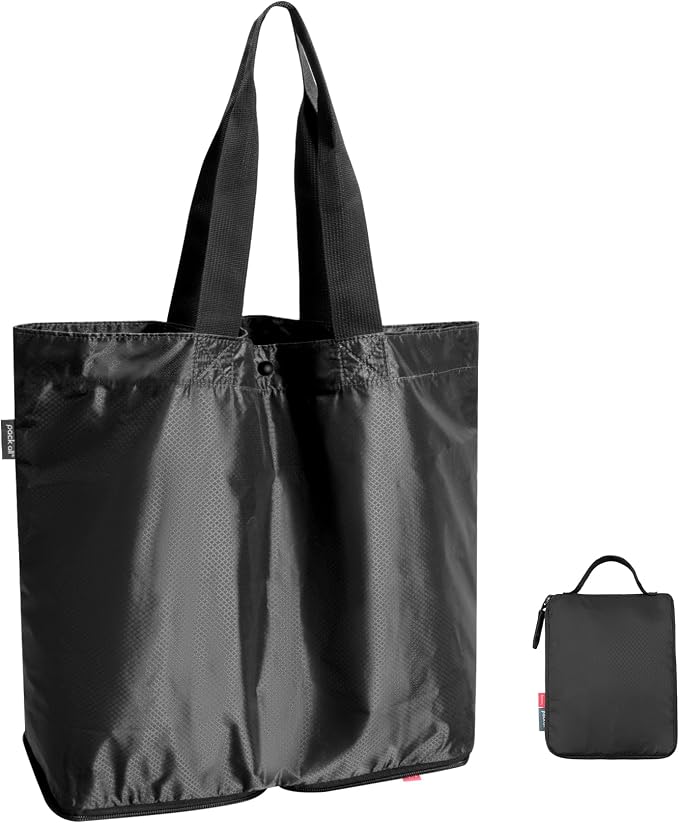 pack all 16L Lightweight Foldable Tote Bag, Reusable Grocery Shopping Bag | Ultralight, Packable, Water-Resistant, Tear Resistant Nylon, Button Closure, Compact for Travel, Work and Camping, Black by packall