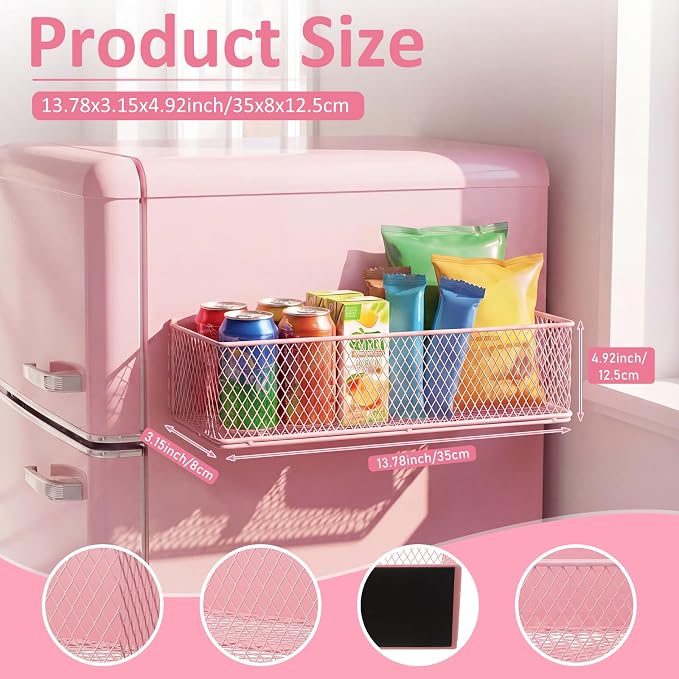 FoldTier 1 Pack Pink Magnetic Basket Dorm Mini Fridge Shelf Organizer Kitchen Storage Bin Container Spice Holder for Locker Refrigerator Pantry Dorm Essentials (13.8 x 3.1 x 4.9 Inch) - Image 2