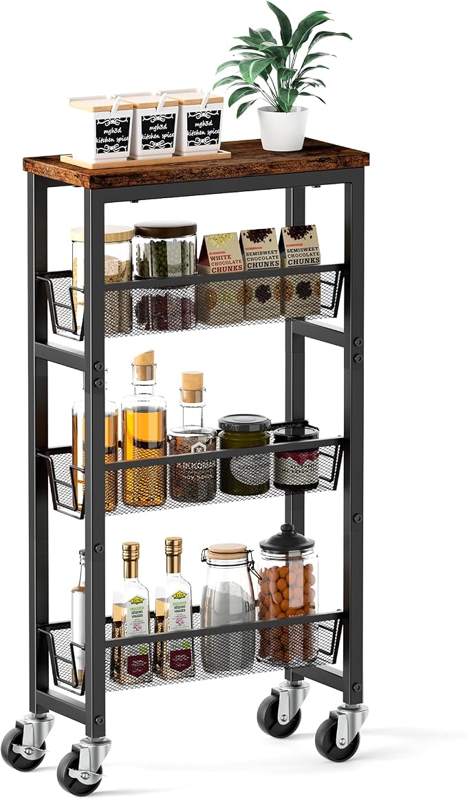 Honest Slim Storage Cart 4-Tier Slim Rolling Cart with Metal Frame and Wooden Top, 6.3 Inches, Storage Cart for Kitchen, Dining Room, Living Room, Bathroom, Home Office, Rustic Brown and Black - Image 3