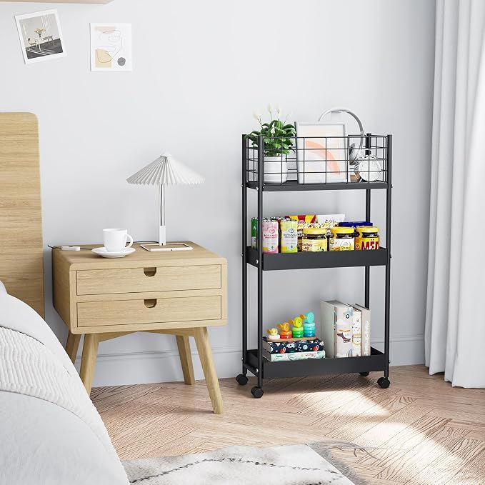 KINGRACK Slim Rolling Storage Cart 3 Tier - Heavy Duty Metal Utility Cart with Raised Edge & Wheels, Narrow Small Mobile Organizer Shelves for Bathroom, Kitchen, Laundry, Office, Living Room, Black - Image 7