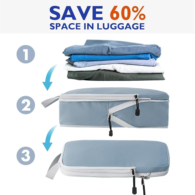 Compression Packing Cubes, 10 Set Packing Cubes for Travel Compression, Lightweight Compressible Package Organizer for Carry On and Suitcases, LakeBlue and Grey - Image 4