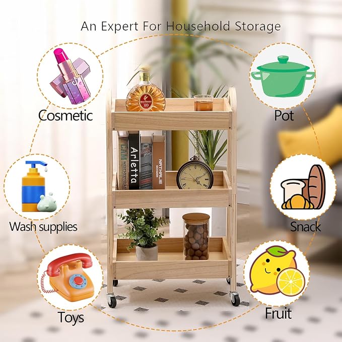3-Tier Rolling Craft Cart, light-colored wood, Sturdy, Waterproof, with Wheels, for Kitchen, Bathroom, Laundry - Image 3