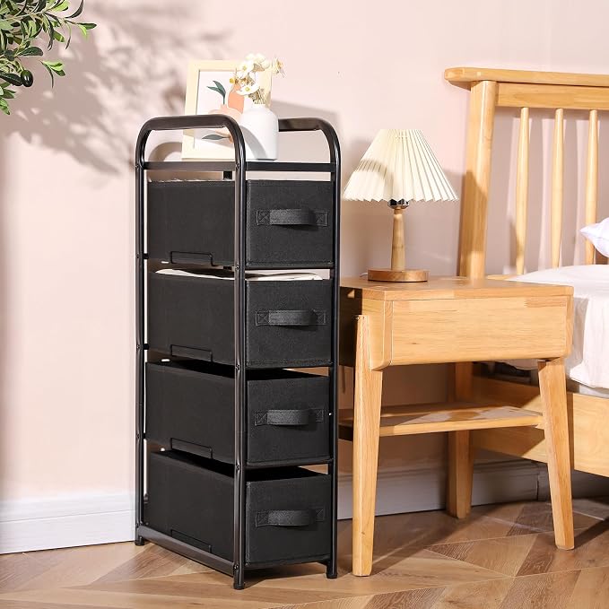 MAX Houser 4 Drawer Narrow Dresser Fabric Storage Tower Vertical Slim Storage Chest Organizer Nightstand Side/End Table Small Standing Organizer Removable Drawers Wood Top for Bedroom, Bathroom（Black - Image 2