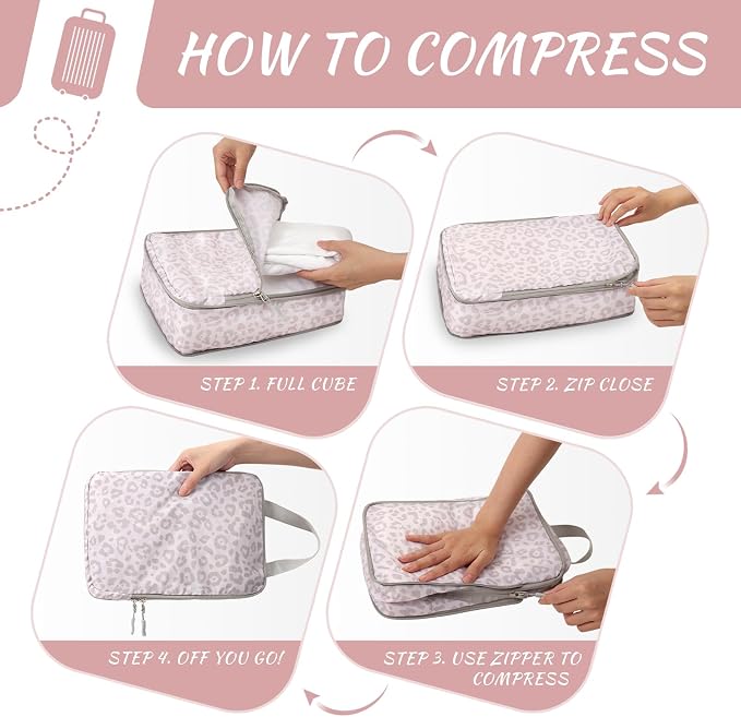 WOOMADA Compression Packing Cubes for Suitcases Travel Essentials 4 Set Expandable Travel Bags Organizer for Luggage(pink leopard) - Image 4