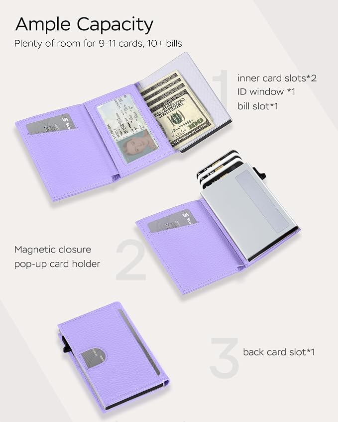 RFID Wallet Women - Small Slim Trifold Leather Wallet with Metal Pop Up Card Holder, 2026 Trendy Lavender Purple, Holds 11 Cards 10+ Bills, ID Window Cash Slot, Gift for Her - Image 4