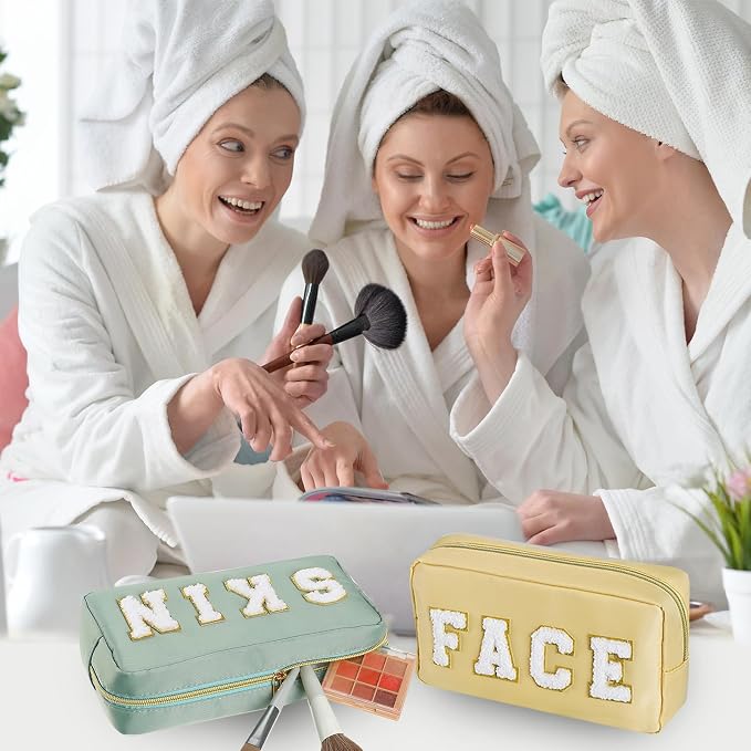 Preppy Makeup Bags Chenille Letter Stuff Bag Nylon Cosmetic Pouch Cases with Zipper for Women Travel Toiletry(Mint Color,Classic,4 Pcs) - Image 7