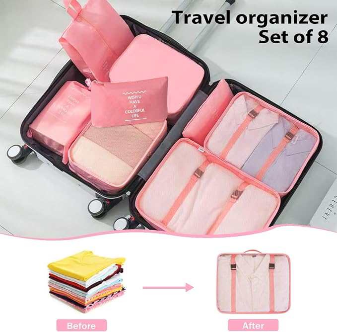 8 Set Packing Cubes for Suitcases, INVODA Travel Luggage Packing Organizers with Laundry Bag, Compression Storage Shoe Bag, Clothing Underwear Bag (Pink) - Image 6
