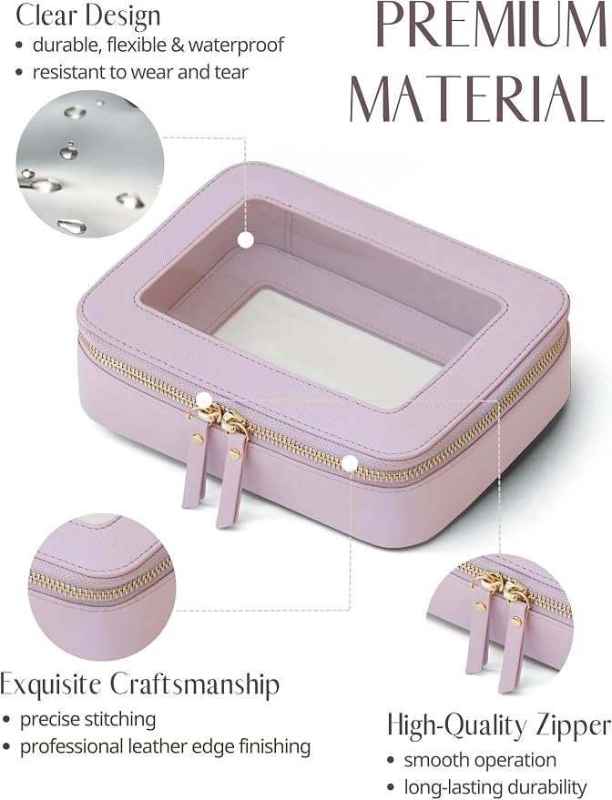 Clear Makeup Bag with Zipper, Set of 2, Mini and Medium, Purple | Clear Travel Bags for Toiletries, Structured Cosmetic Case for Women, Waterproof PU Leather, Wide Open Portable Car Organier - Image 7