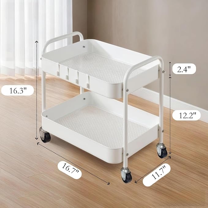 Under Desk Storage Cart 2 Tier Utility Rolling Cart with Wheels, Small Metal Mobile Trolley with Handle Two Tiered Utility Organizer Roller for Kitchen Office Bathroom Pantry Room, White - Image 2